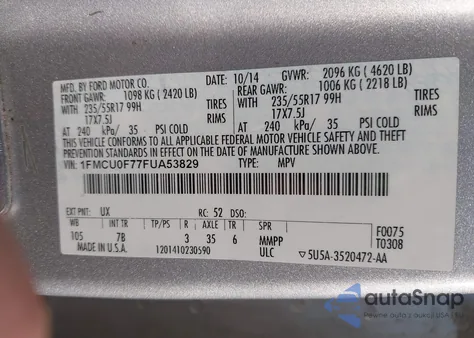 2015 Ford Escape S z USA, uszkodzony, nr VIN 1FMCU0F77FUA53829